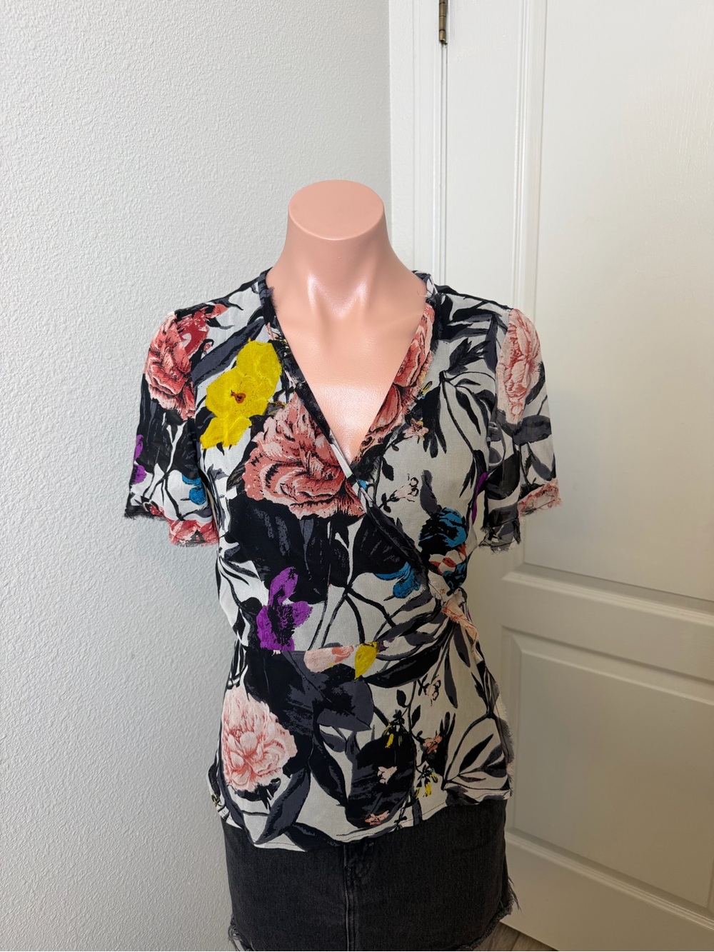 Lucky Brand Black Floral Wrap Top with Yellow & Pink Accents